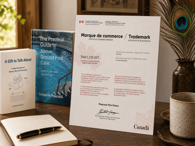 Peacock Pen Press trademark registration certificate displayed on a desk beside a peacock feather and writing materials