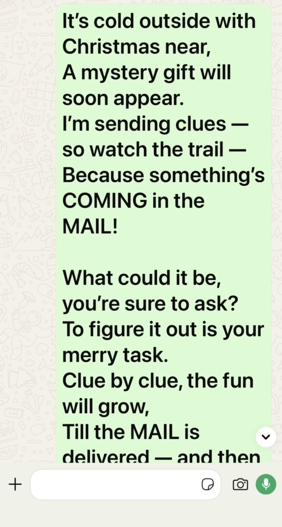 Screenshot showing part of the first rhyming clue sent to the family group chat